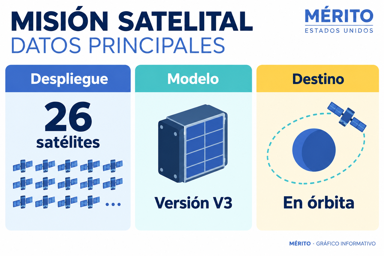 Tarjeta informativa que resume el despliegue de 26 satélites Starlink V3 en la órbita terrestre.
