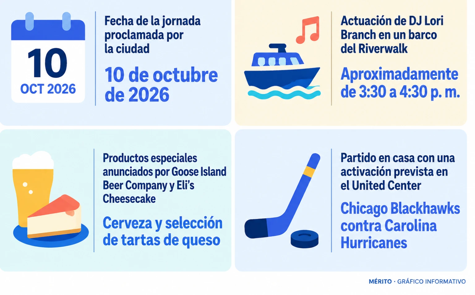 Tarjetas con la fecha de la jornada, la actuación de Lori Branch, los productos conmemorativos y la activación prevista durante un partido de los Blackhawks.