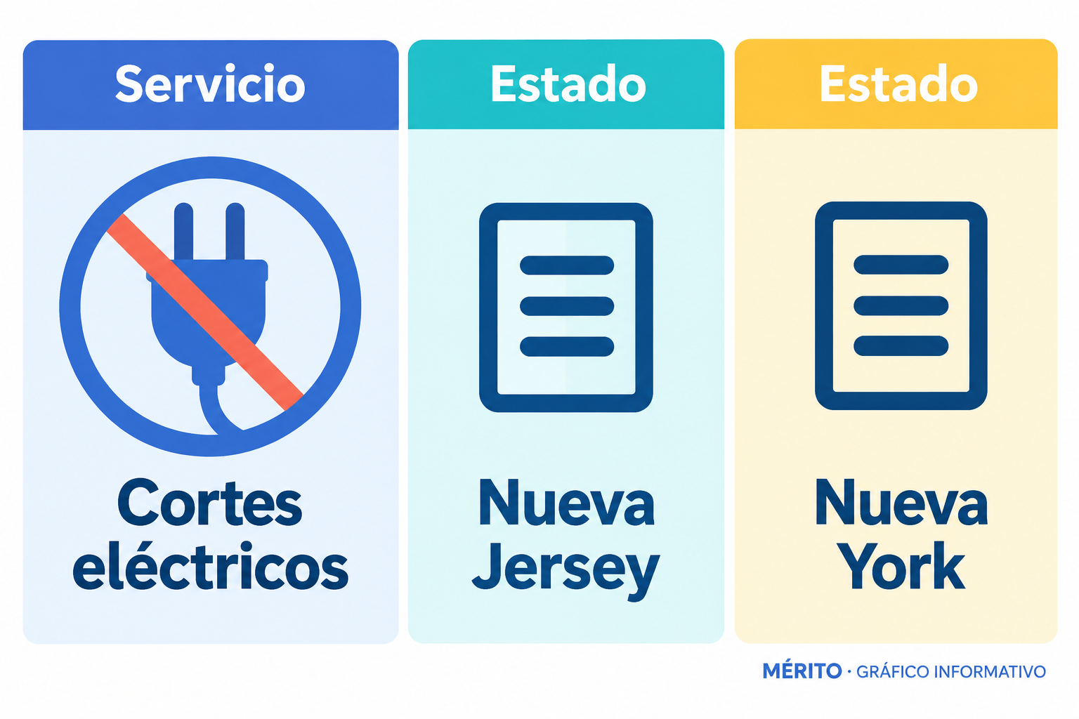 Tarjeta informativa sobre cortes eléctricos reportados en Nueva Jersey y Nueva York.