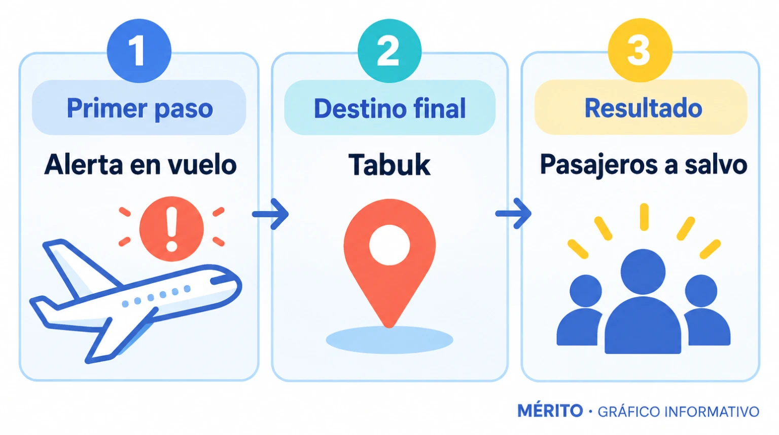 Secuencia informativa: alerta durante el vuelo, desvío y aterrizaje seguro en Tabuk.