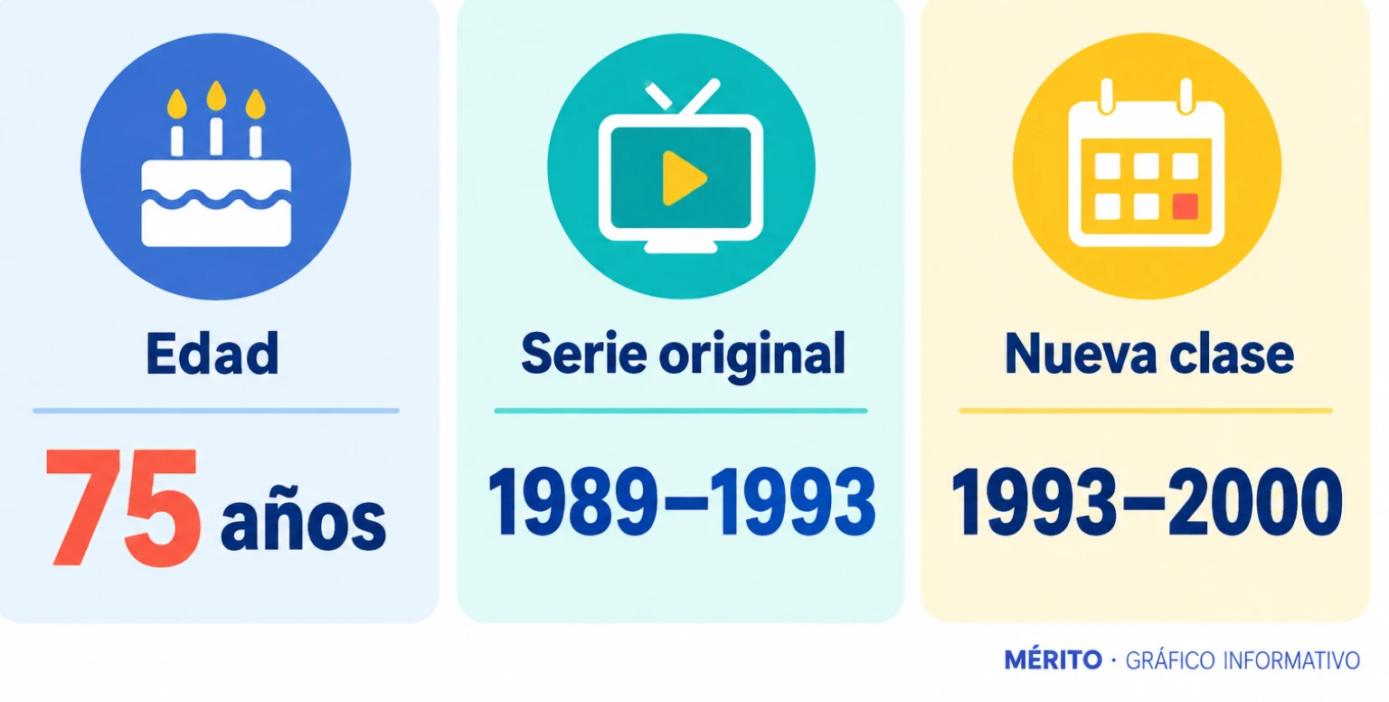 Tarjetas con la edad de Haskins y los periodos de emisión de las dos series en las que interpretó a Belding.