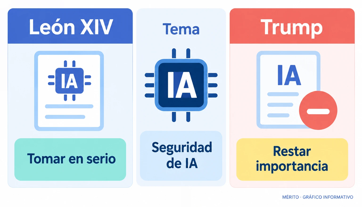 Comparación de las posturas atribuidas al papa León XIV y al presidente Donald Trump sobre las advertencias de seguridad de la inteligencia artificial.