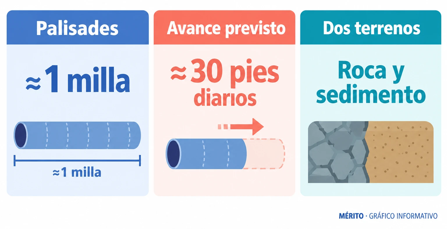 Secuencia prevista: perforación de roca en las Palisades y posterior reemplazo de las tuneladoras para excavar bajo el río Hudson.