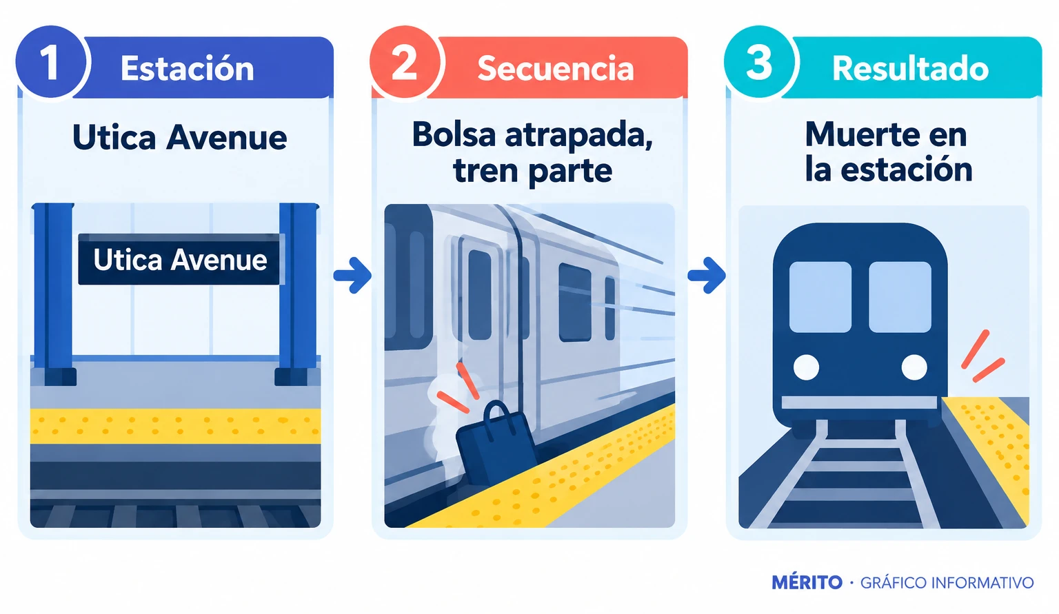 Diagrama con la estación Utica Avenue, la bolsa atrapada en las puertas, la salida del tren y la muerte del pasajero.