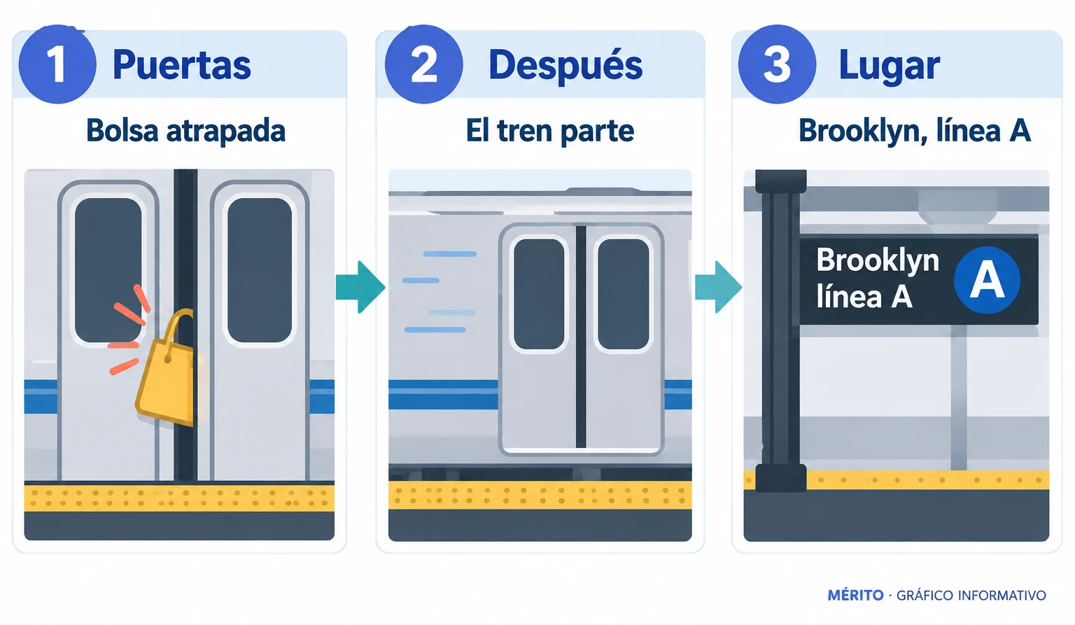 Secuencia del incidente en Utica Avenue: bolsa atrapada en las puertas y tren que parte con el pasajero arrastrado.